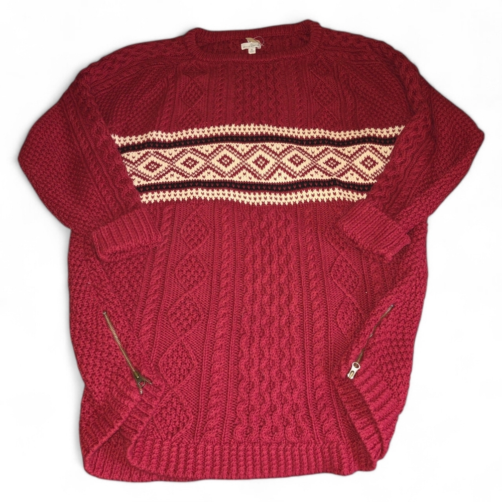 NWT L.L. BEAN womens Red Cable Knit Fair Isle  Tunic Sweater XL